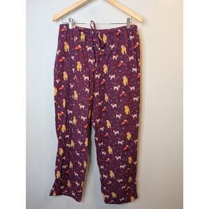 L.L.Bean Flannel Pajama Pants Holiday Dogs Santa Hats Burgundy Cotton Large